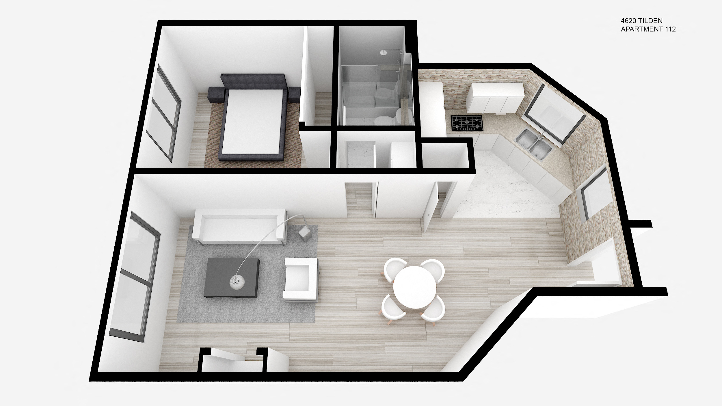 Floor plan for 1 bed, 1 bath, 727 sqft